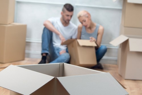 Organised moving day with labelled boxes and transport vehicles in Croydon